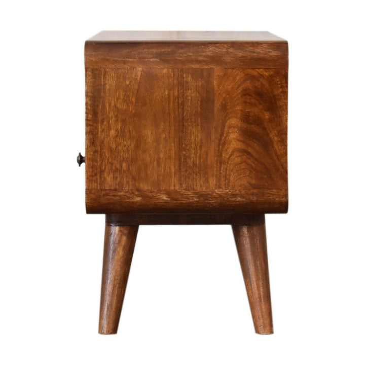 Mini Chestnut Curved TV Stand - Solid Mango Wood Entertainment Center for Living Room - product view 9 showing...