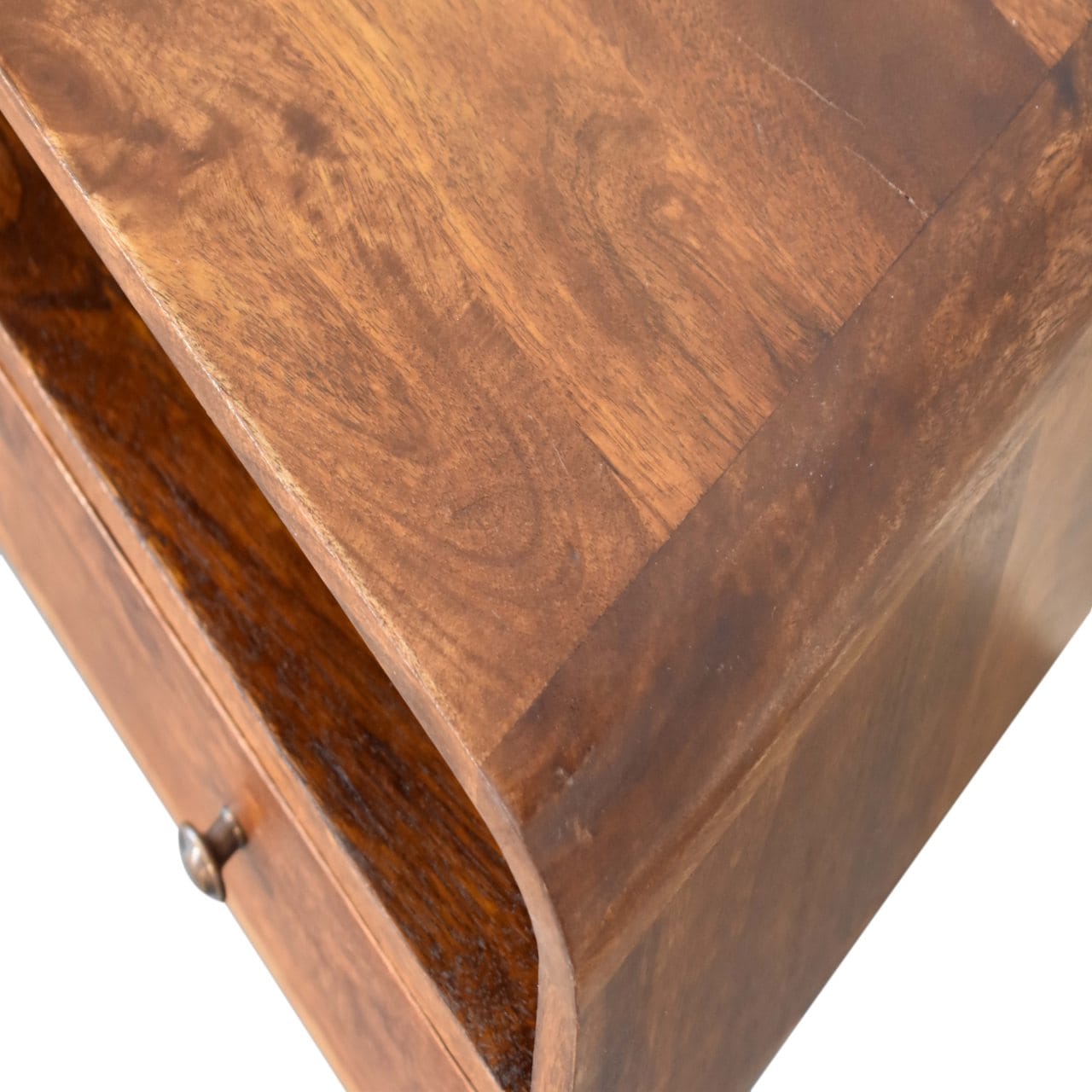 Mini Chestnut Curved TV Stand - Solid Mango Wood Entertainment Center for Living Room - product view 7 showing...