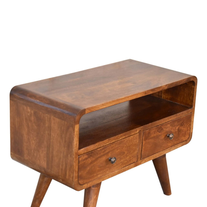Mini Chestnut Curved TV Stand - Solid Mango Wood Entertainment Center for Living Room - product view 6 showing...
