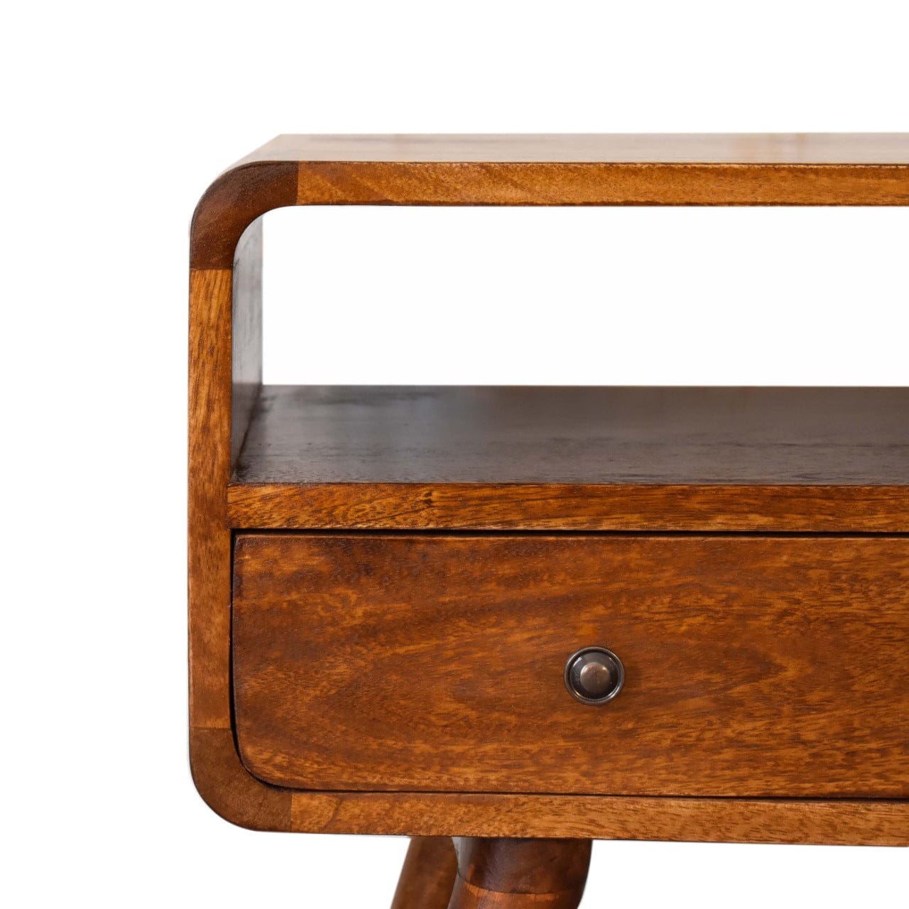 Mini Chestnut Curved TV Stand - Solid Mango Wood Entertainment Center for Living Room - product view 5 showing...