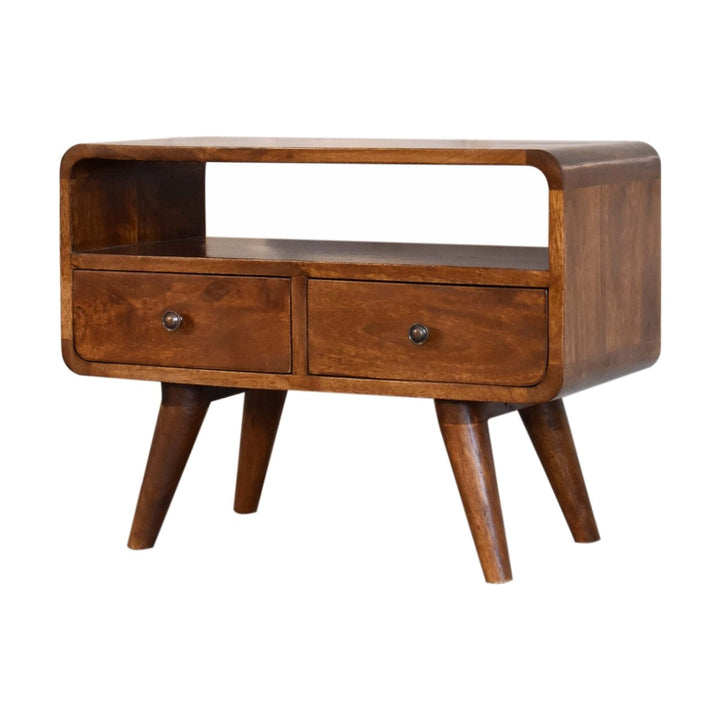 Mini Chestnut Curved TV Stand - Solid Mango Wood Entertainment Center for Living Room - product view 4 showing...