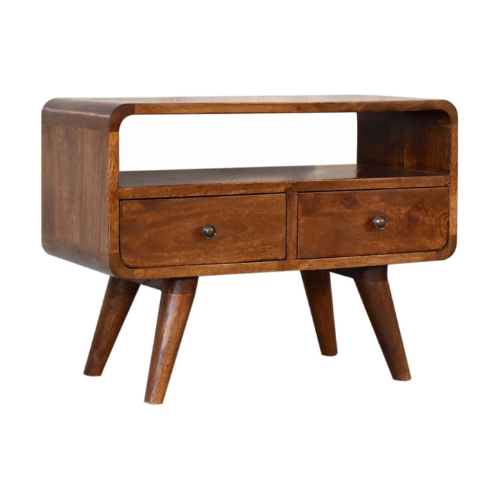 Mini Chestnut Curved TV Stand - Solid Mango Wood Entertainment Center for Living Room - product view 3 showing...