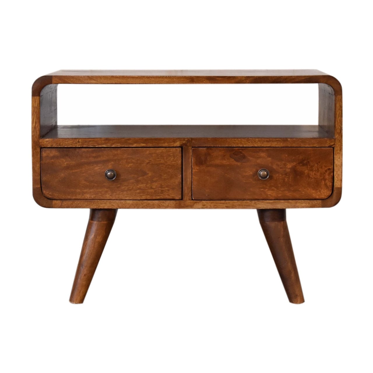 Mini Chestnut Curved TV Stand - Solid Mango Wood Entertainment Center for Living Room - product view 2 showing...