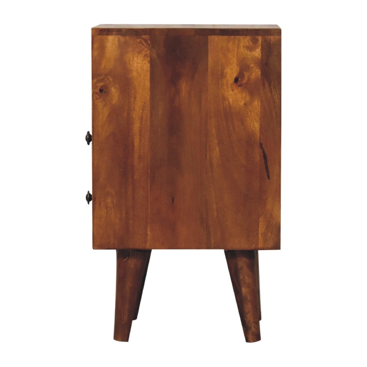 Solid mango wood nightstand with stylish legs and a minimalist design, perfect for any bedroom decor.