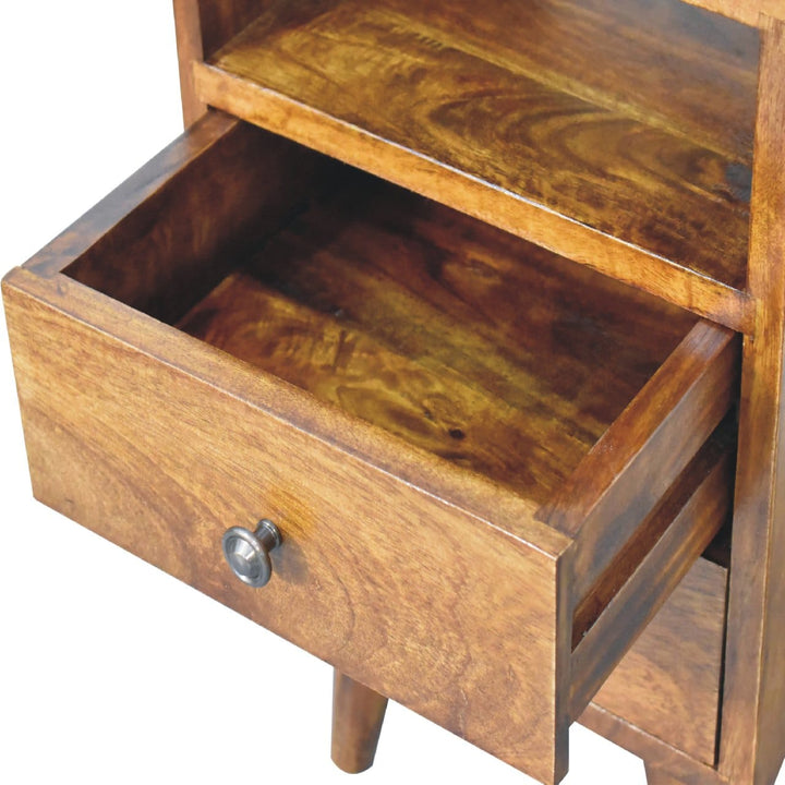 Solid mango wood nightstand with open drawer showcasing interior space for storage.