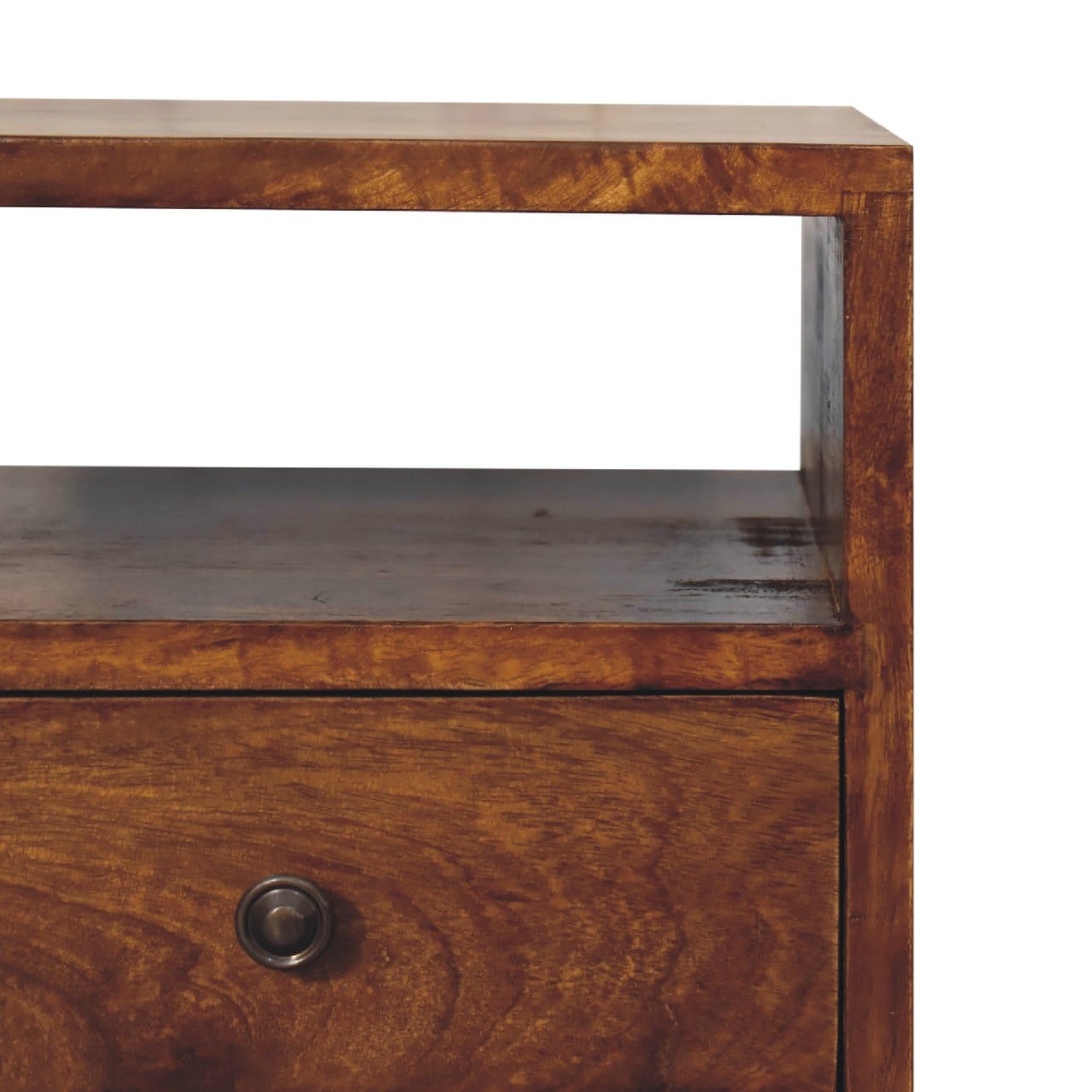Solid mango wood nightstand with a spacious drawer and open shelf for bedroom essentials.