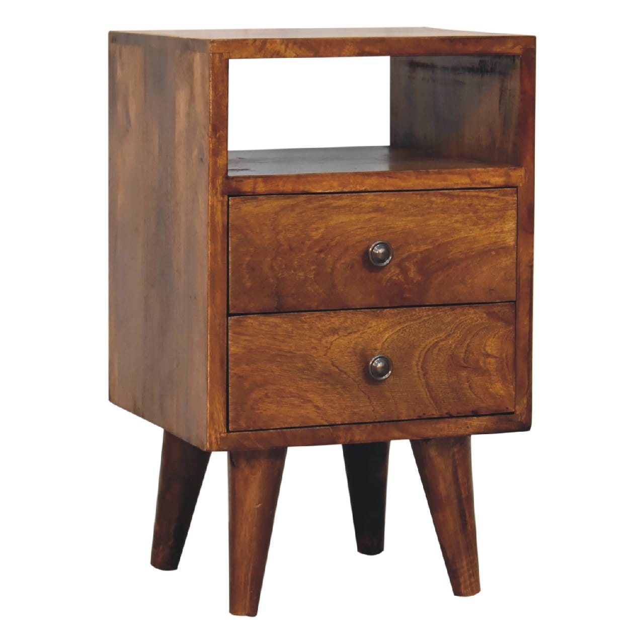 Mini Classic Chestnut Nightstand - a solid mango wood nightstand with two drawers and an open shelf.