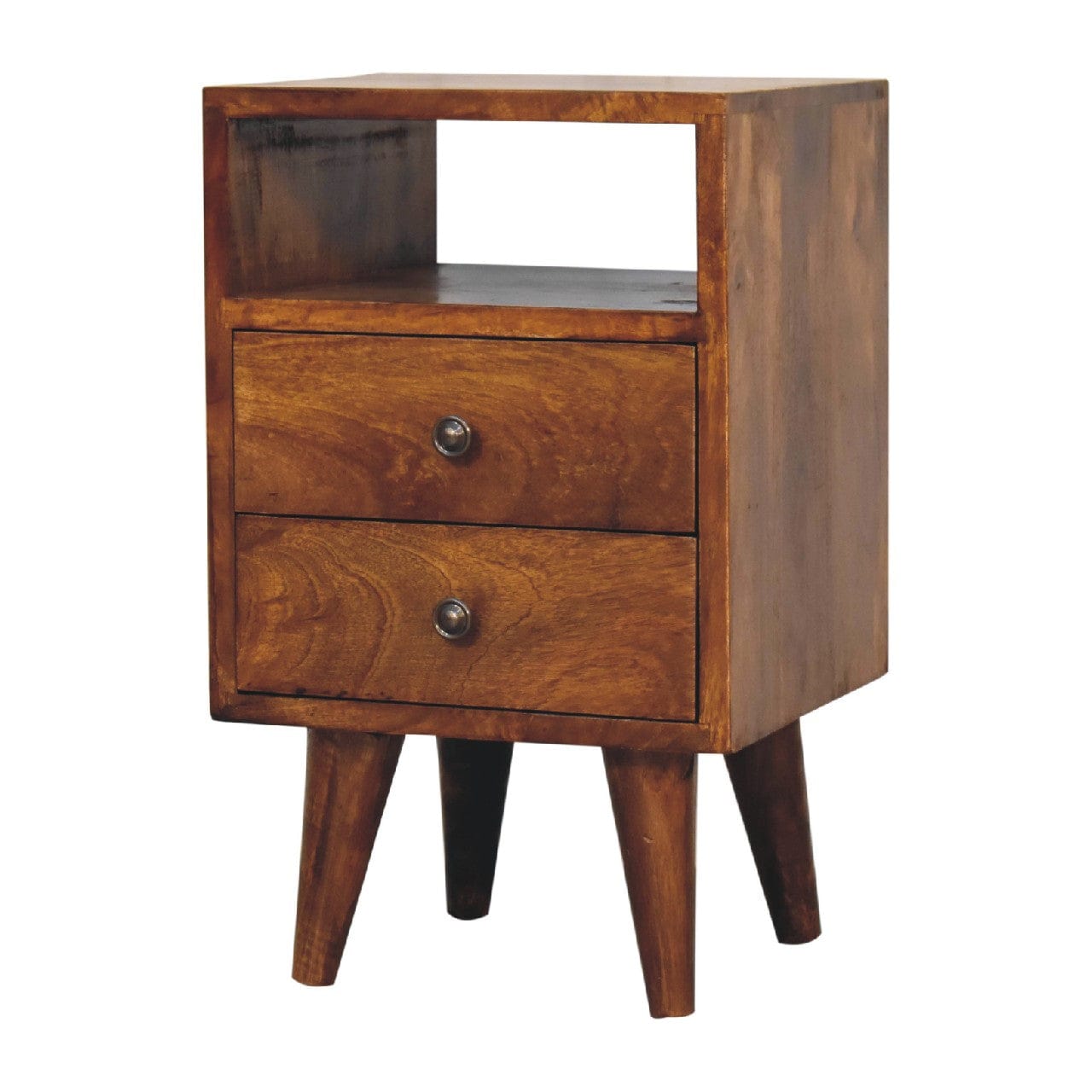 Mini Classic Chestnut nightstand showcasing solid mango wood nightstand design with two drawers and open shelf.