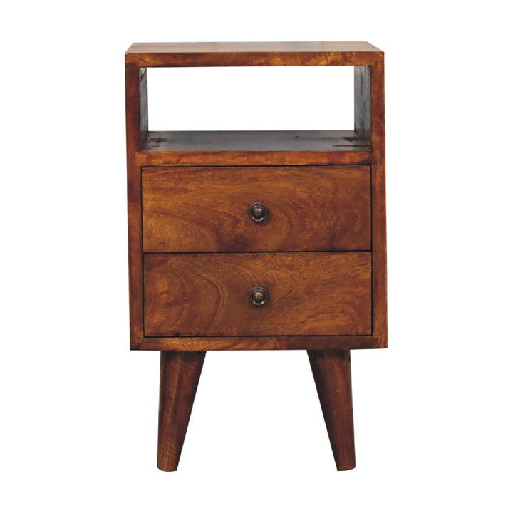 Mini Classic Chestnut Nightstand - solid mango wood nightstand with two drawers and open shelf