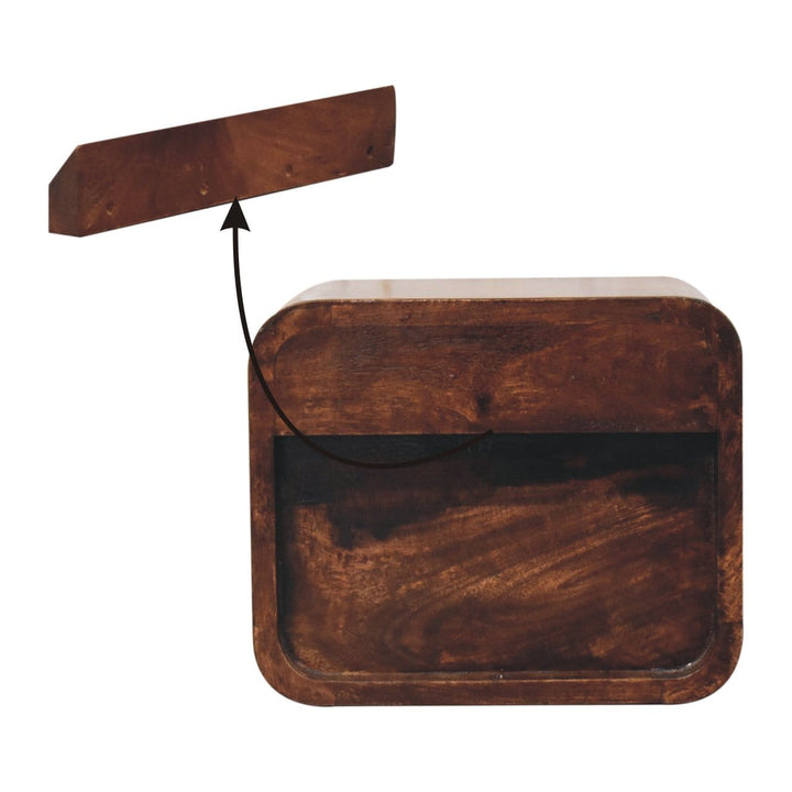 Mini Curved California Walnut Floating Nightstand - Solid Mango Wood Bedside Table for Bedroom - product view 9 showing...