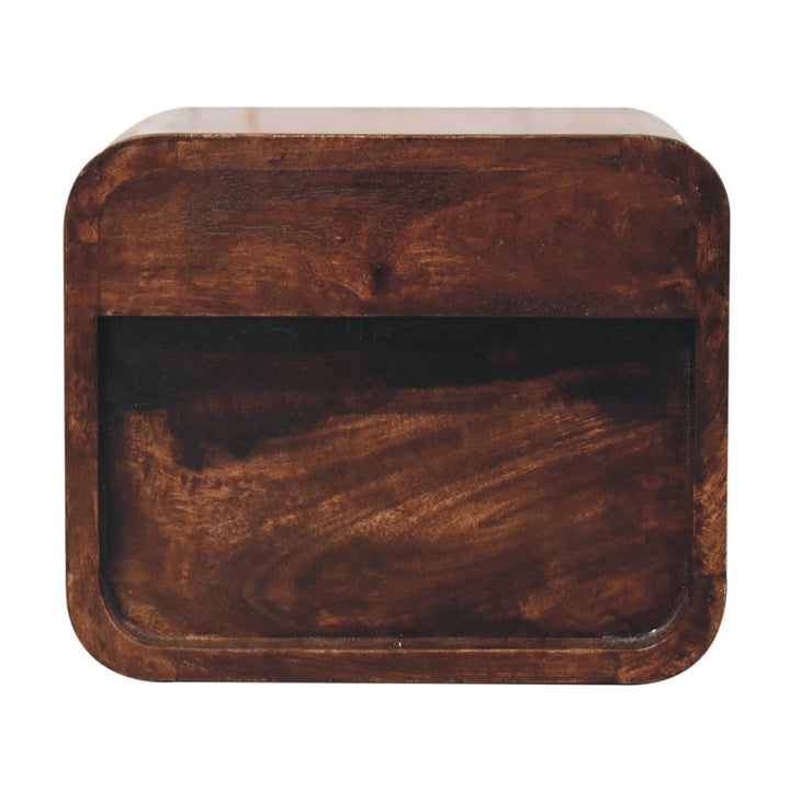 Mini Curved California Walnut Floating Nightstand - Solid Mango Wood Bedside Table for Bedroom - product view 8 showing...