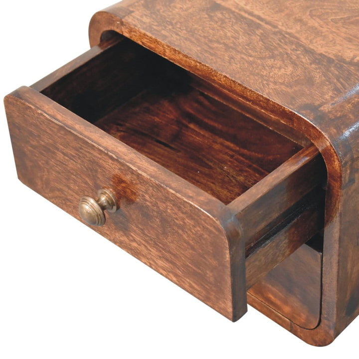 Mini Curved California Walnut Floating Nightstand - Solid Mango Wood Bedside Table for Bedroom - product view 6 showing...