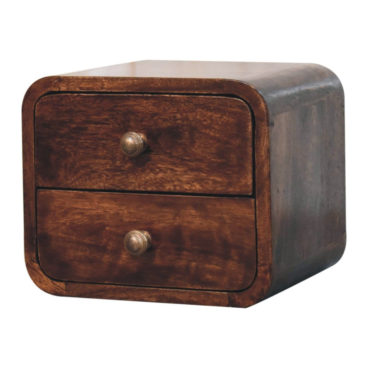 Mini Curved California Walnut Floating Nightstand - Solid Mango Wood Bedside Table for Bedroom - product view 3 showing...