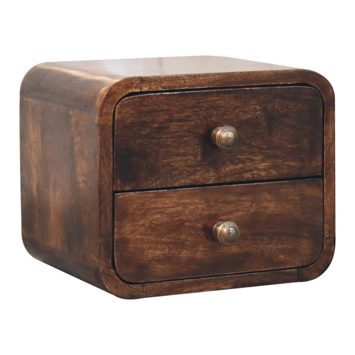 Mini Curved California Walnut Floating Nightstand - Solid Mango Wood Bedside Table for Bedroom - product view 2 showing...
