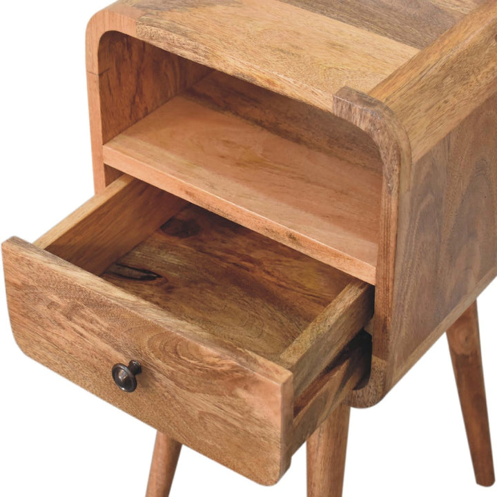 Mini Curved Nightstand - Solid Mango Wood Bedside Table for Bedroom - product view 8 showing handcrafted solid mango wood...
