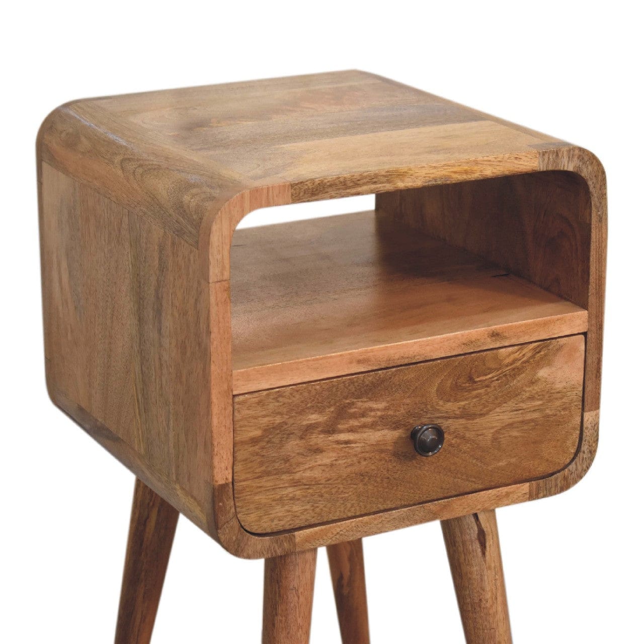 Mini Curved Nightstand - Solid Mango Wood Bedside Table for Bedroom - product view 7 showing handcrafted solid mango wood...