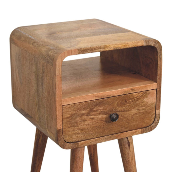 Mini Curved Nightstand - Solid Mango Wood Bedside Table for Bedroom - product view 7 showing handcrafted solid mango wood...