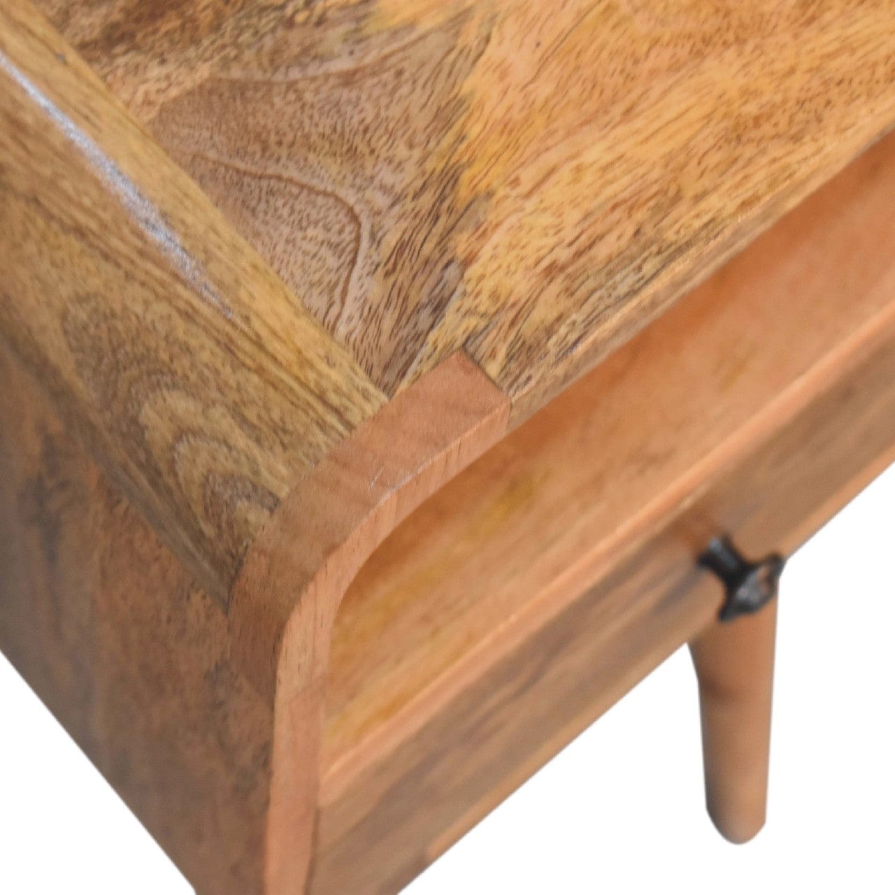 Mini Curved Nightstand - Solid Mango Wood Bedside Table for Bedroom - product view 6 showing handcrafted solid mango wood...