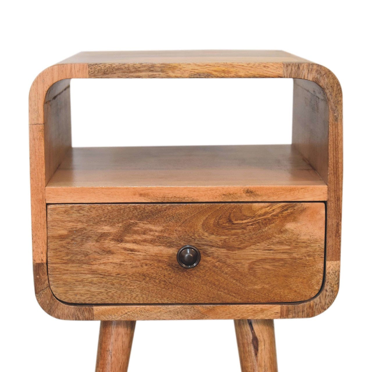 Mini Curved Nightstand - Solid Mango Wood Bedside Table for Bedroom - product view 5 showing handcrafted solid mango wood...