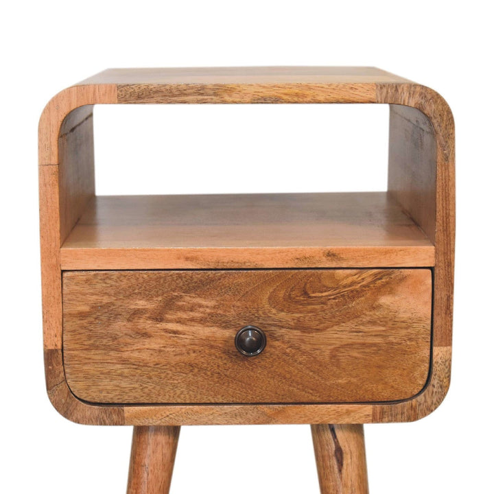 Mini Curved Nightstand - Solid Mango Wood Bedside Table for Bedroom - product view 5 showing handcrafted solid mango wood...