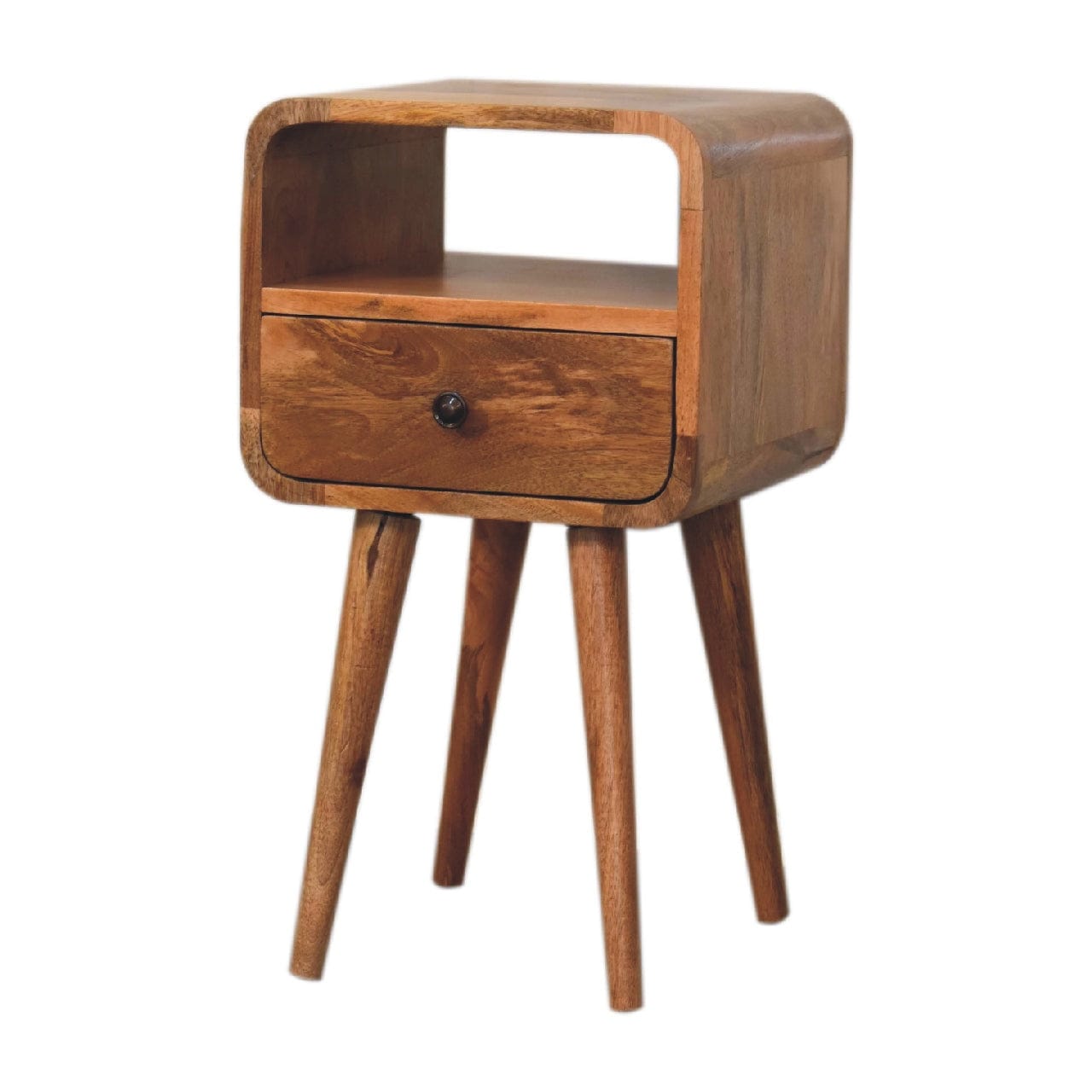 Mini Curved Nightstand - Solid Mango Wood Bedside Table for Bedroom - product view 4 showing handcrafted solid mango wood...