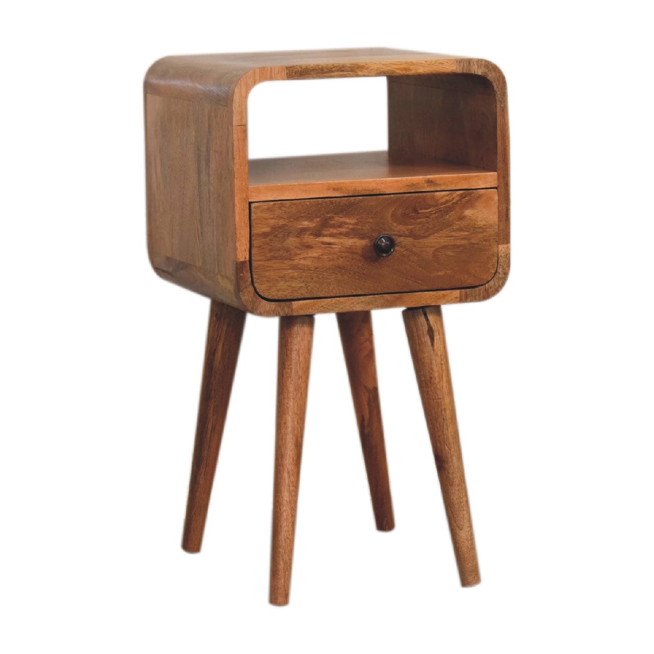 Mini Curved Nightstand - Solid Mango Wood Bedside Table for Bedroom - product view 3 showing handcrafted solid mango wood...