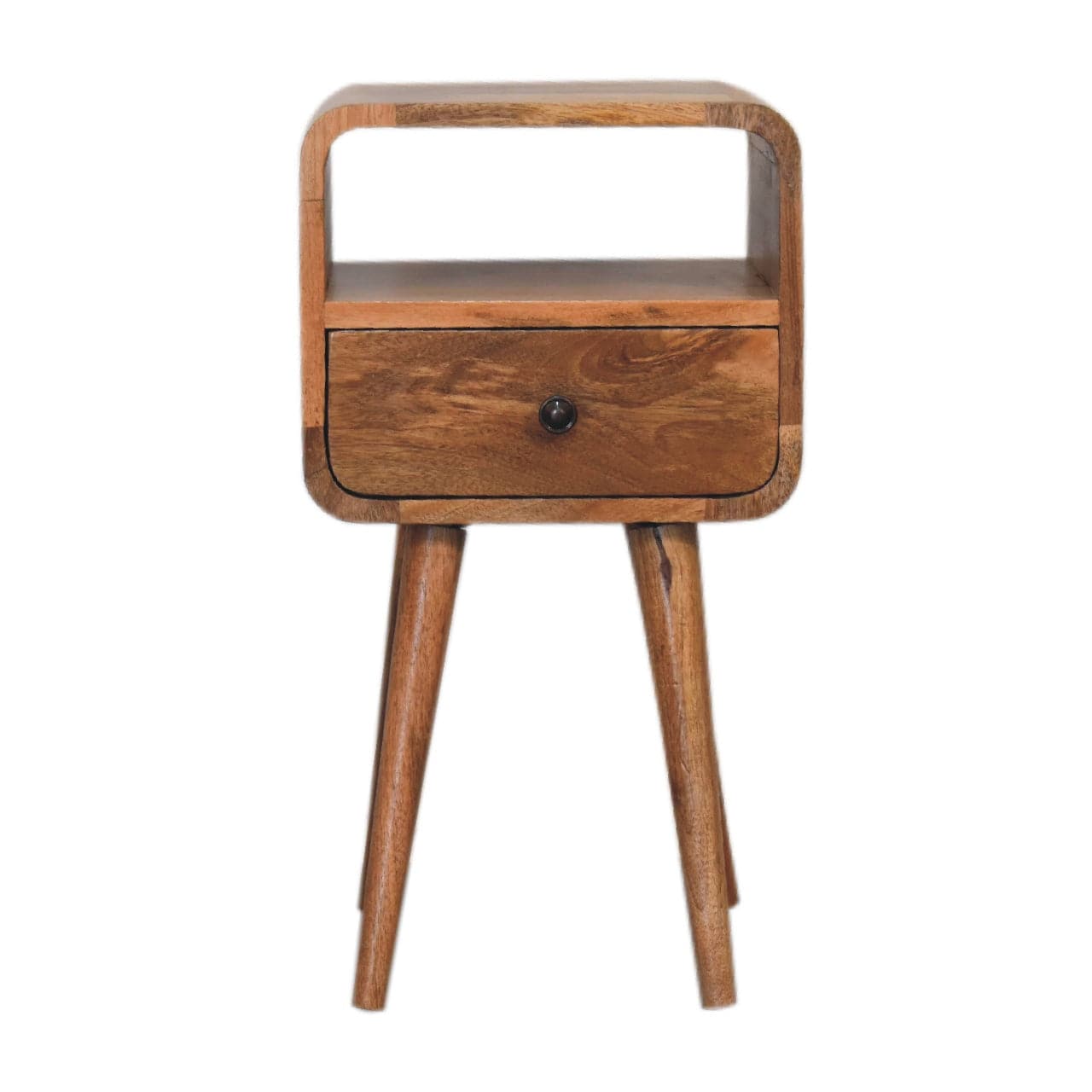 Mini Curved Nightstand - Solid Mango Wood Bedside Table for Bedroom - product view 2 showing handcrafted solid mango wood...