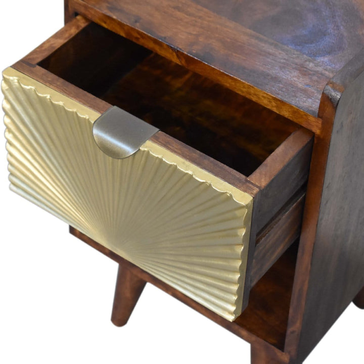 Mini Gold 1 Drawer Nightstand - Solid Mango Wood Bedside Table for Bedroom - product view 7 showing handcrafted solid...
