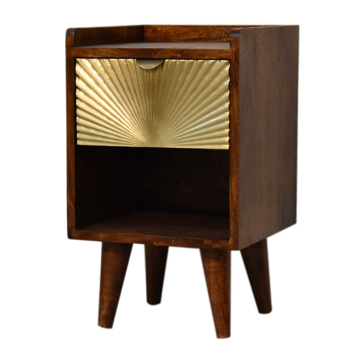Mini Gold 1 Drawer Nightstand - Solid Mango Wood Bedside Table for Bedroom - product view 4 showing handcrafted solid...