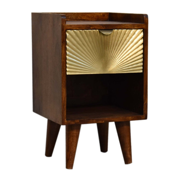 Mini Gold 1 Drawer Nightstand - Solid Mango Wood Bedside Table for Bedroom - product view 3 showing handcrafted solid...