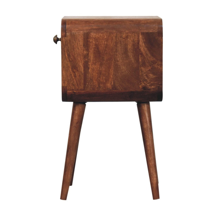 Mini Honey Caramel Curved Nightstand - Solid Mango Wood Bedside Table for Bedroom - product view 9 showing handcrafted...