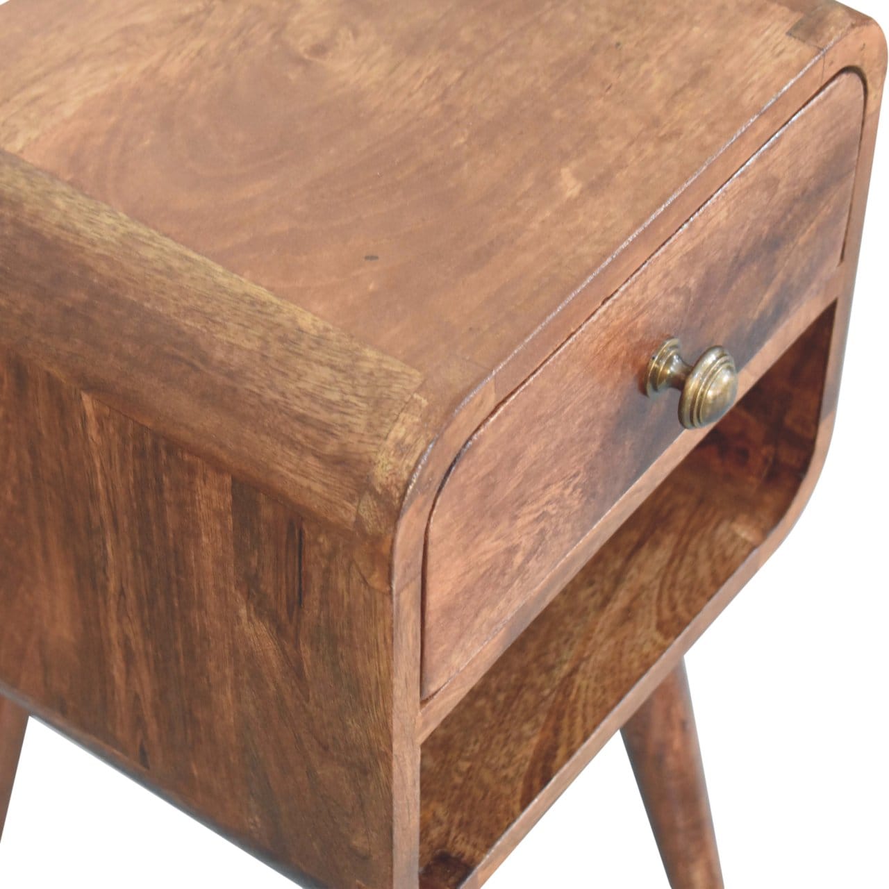 Mini Honey Caramel Curved Nightstand - Solid Mango Wood Bedside Table for Bedroom - product view 6 showing handcrafted...