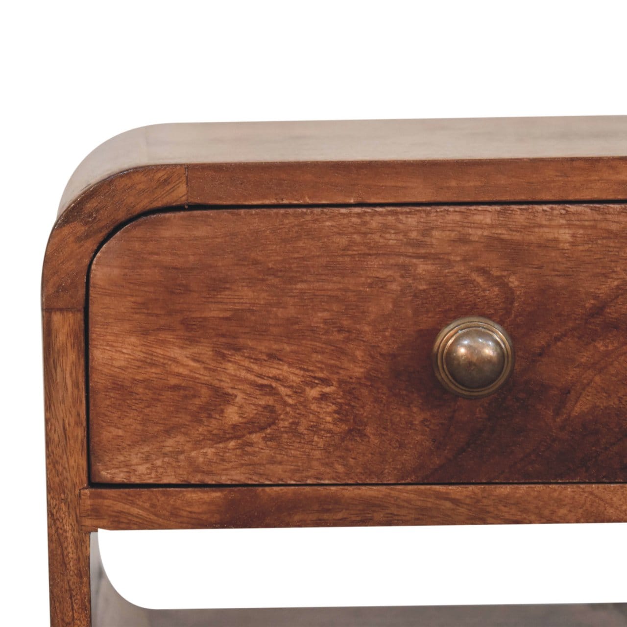 Mini Honey Caramel Curved Nightstand - Solid Mango Wood Bedside Table for Bedroom - product view 5 showing handcrafted...