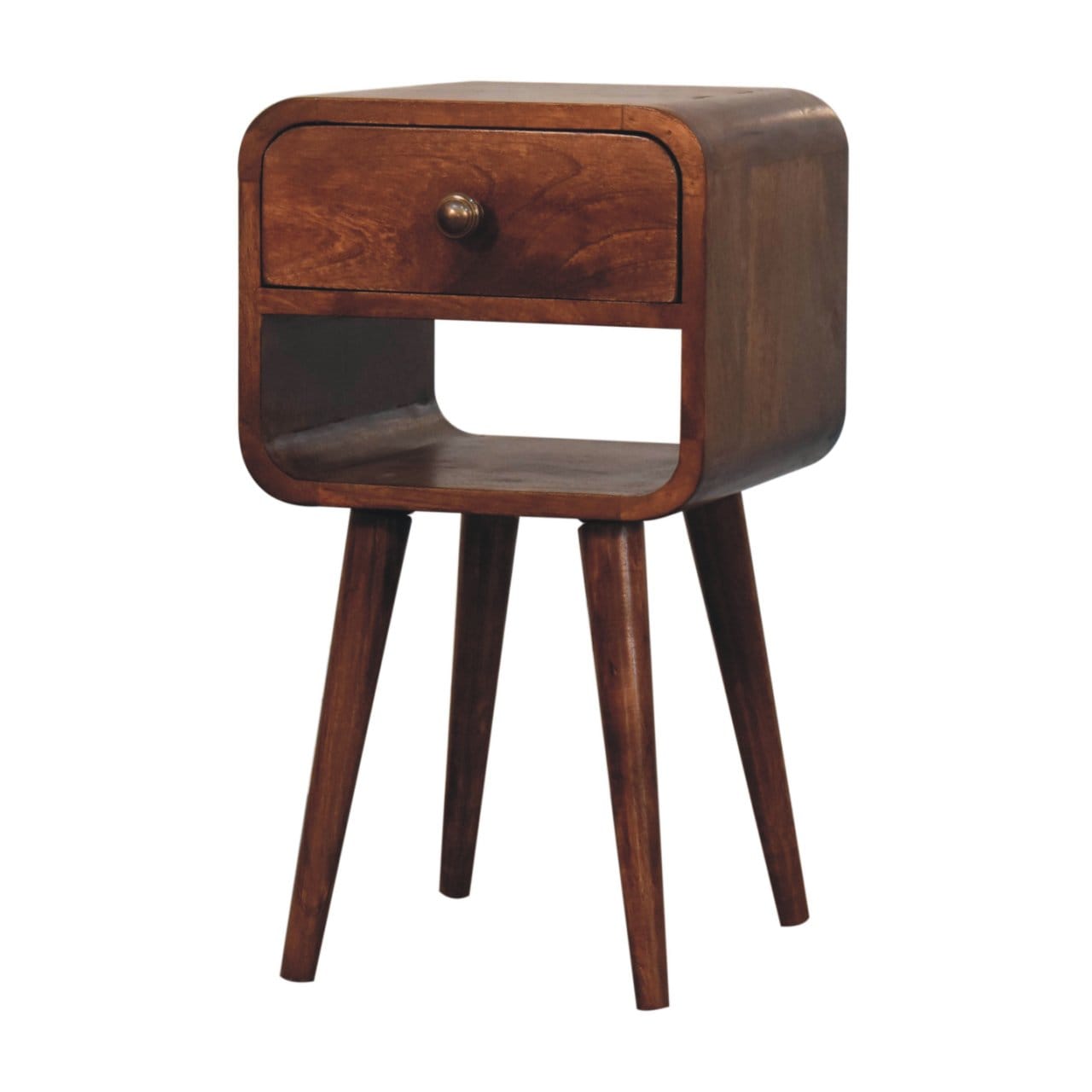 Mini Honey Caramel Curved Nightstand - Solid Mango Wood Bedside Table for Bedroom - product view 4 showing handcrafted...