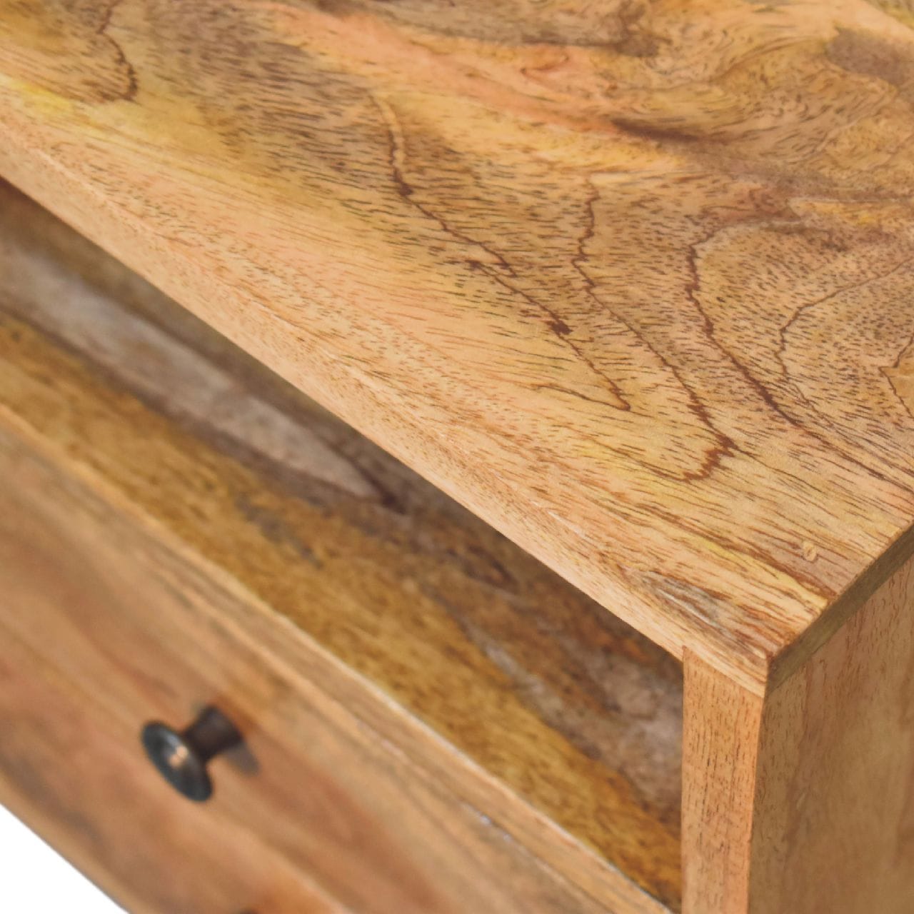 Mini Oak-ish Classic Open Nightstand - Solid Mango Wood Bedside Table for Bedroom - product view 6 showing handcrafted...