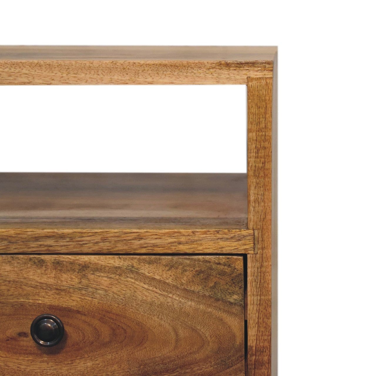 Mini Oak-ish Classic Open Nightstand - Solid Mango Wood Bedside Table for Bedroom - product view 5 showing handcrafted...