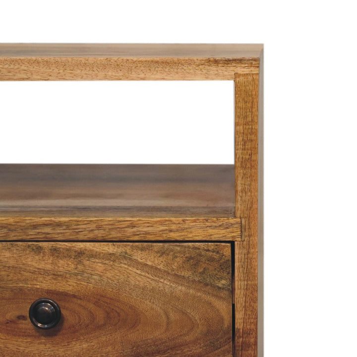 Mini Oak-ish Classic Open Nightstand - Solid Mango Wood Bedside Table for Bedroom - product view 5 showing handcrafted...