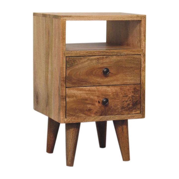 Mini Oak-ish Classic Open Nightstand - Solid Mango Wood Bedside Table for Bedroom - product view 4 showing handcrafted...