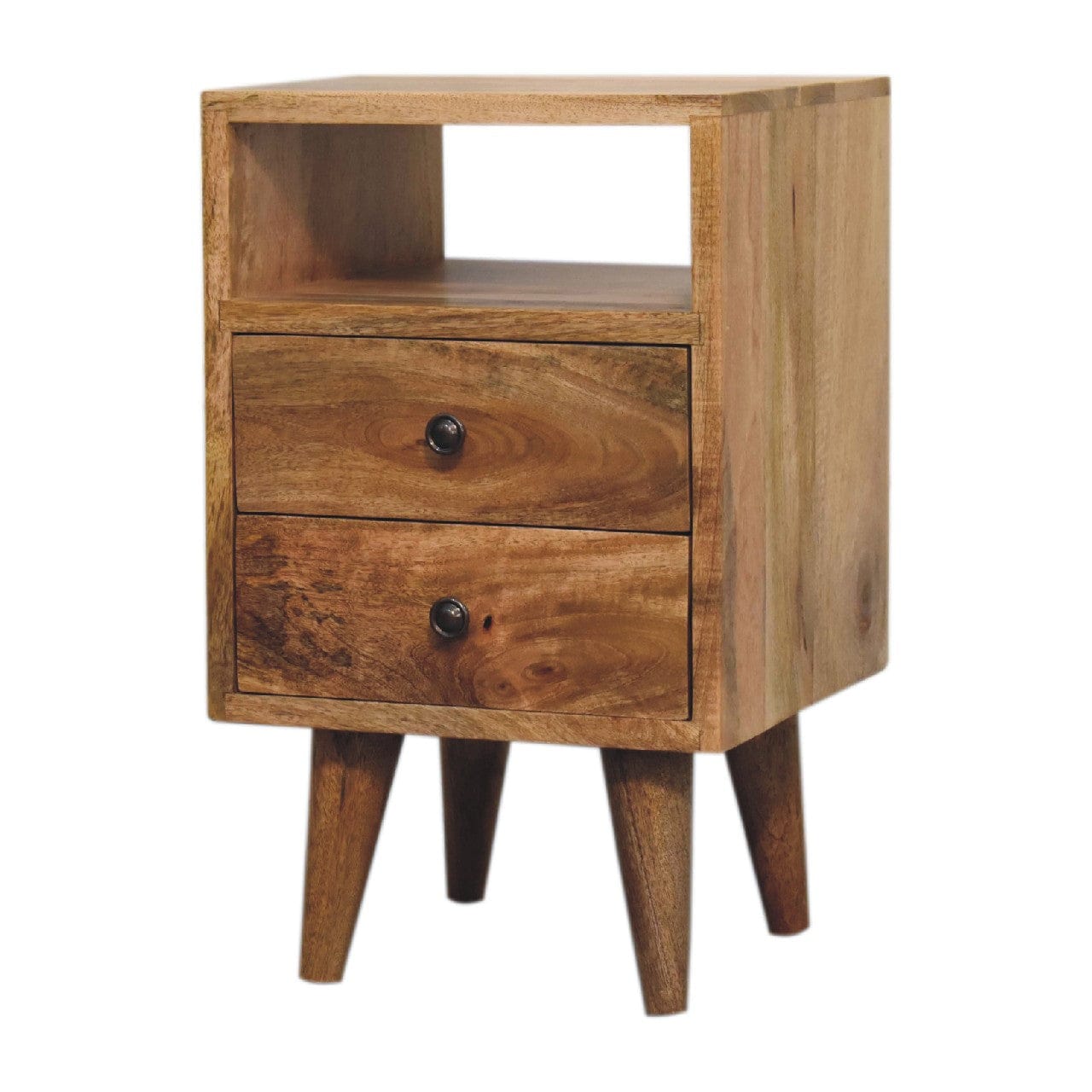 Mini Oak-ish Classic Open Nightstand - Solid Mango Wood Bedside Table for Bedroom - product view 3 showing handcrafted...