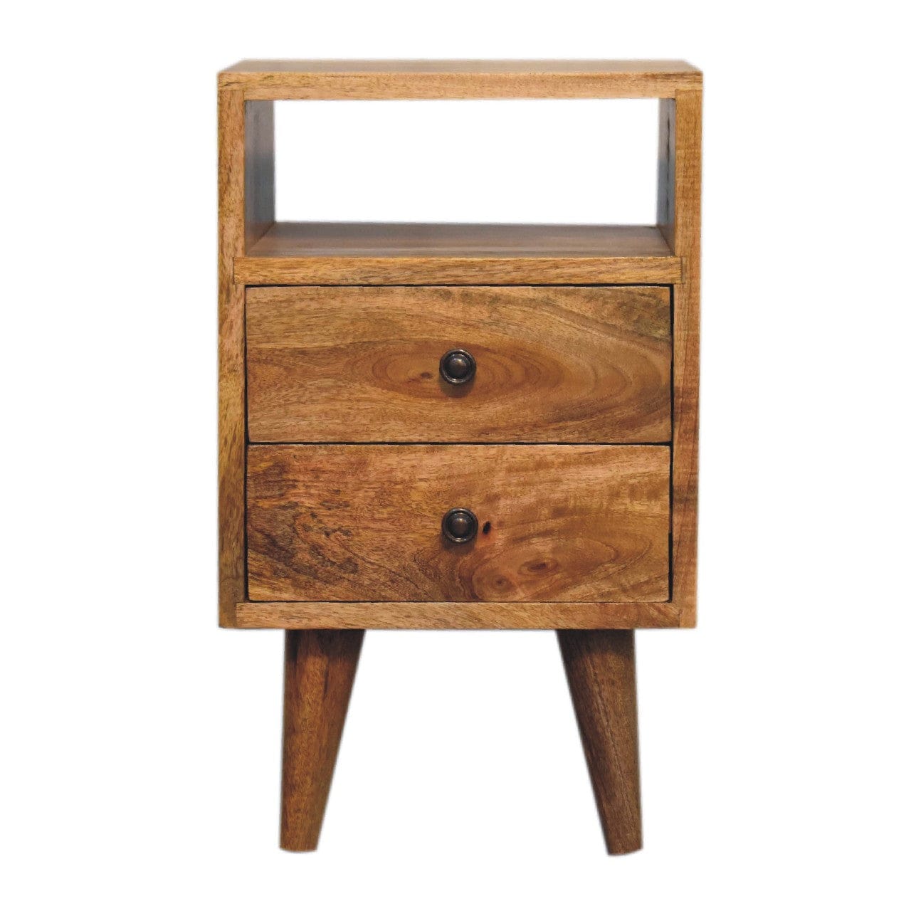 Mini Oak-ish Classic Open Nightstand - Solid Mango Wood Bedside Table for Bedroom - product view 2 showing handcrafted...