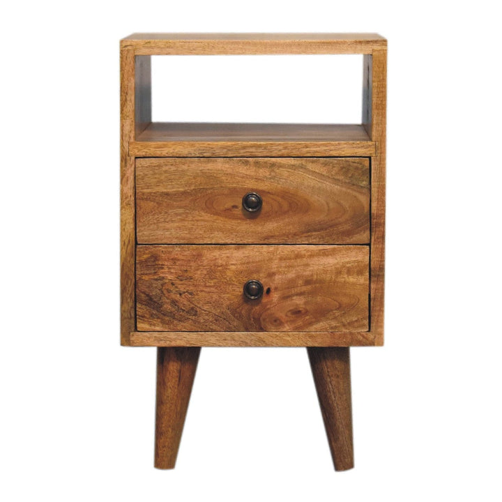 Mini Oak-ish Classic Open Nightstand - Solid Mango Wood Bedside Table for Bedroom - product view 2 showing handcrafted...