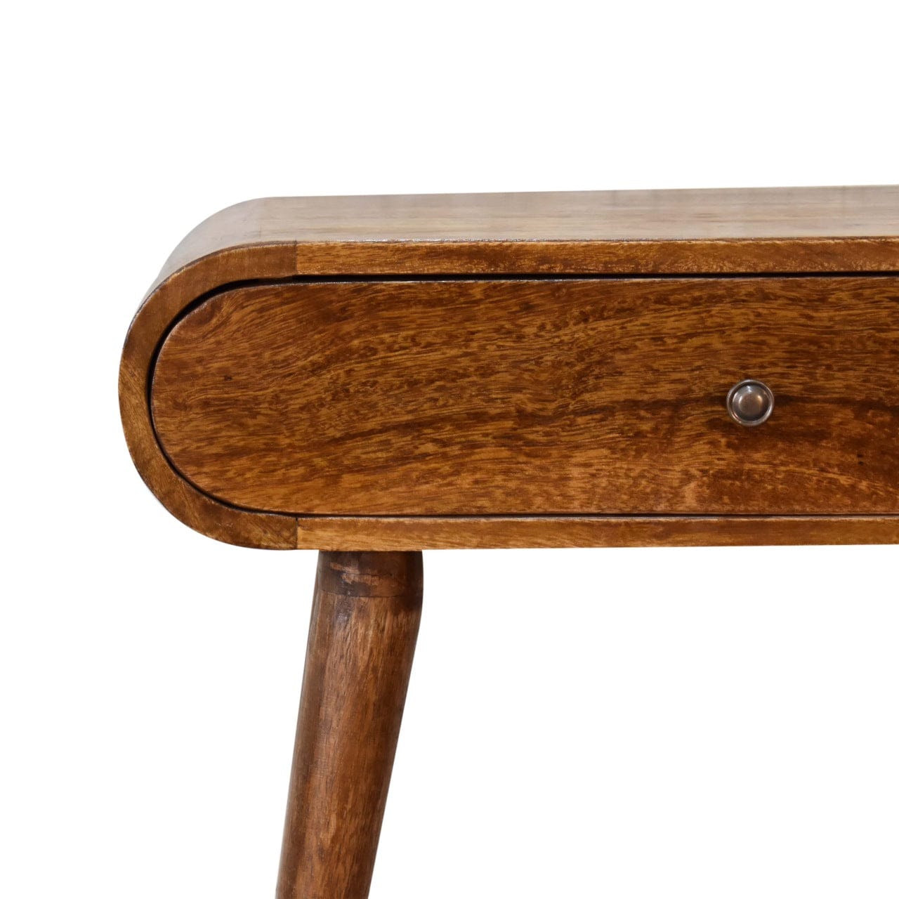 Mini Round Chestnut Console Table - Entryway & Hallway Table in Solid Mango Wood - product view 5 showing handcrafted...