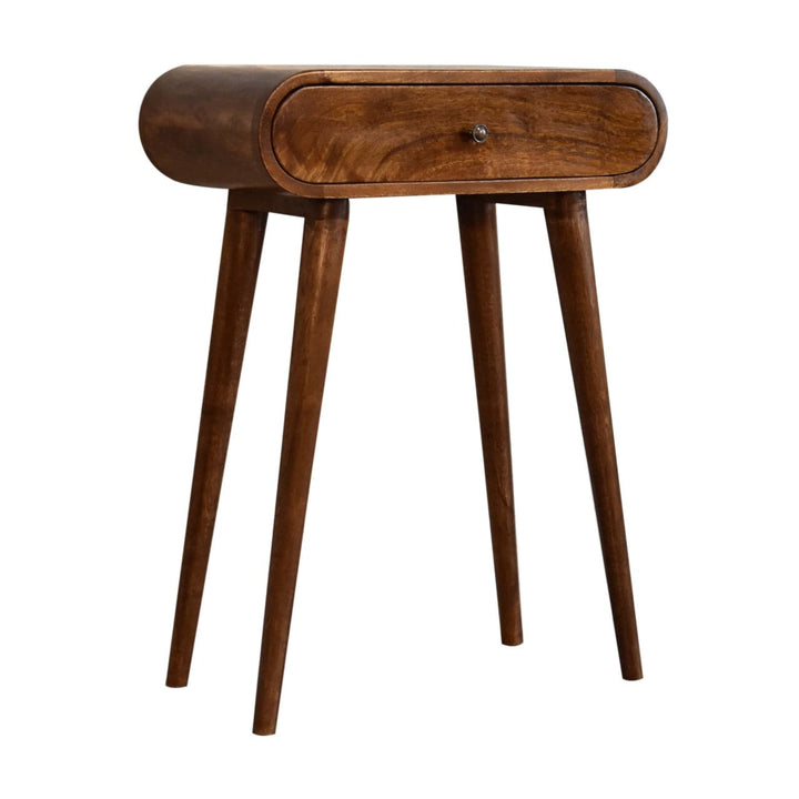 Mini Round Chestnut Console Table - Entryway & Hallway Table in Solid Mango Wood - product view 4 showing handcrafted...