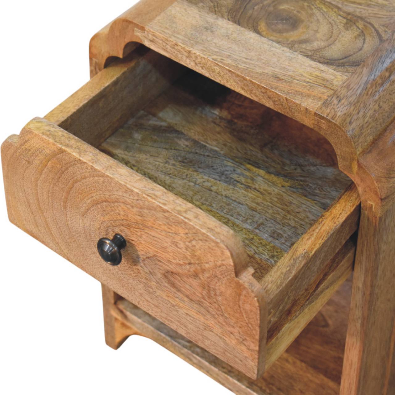 Newton Mini Oak-ish Nightstand - Solid Mango Wood Bedside Table for Bedroom - product view 6 showing handcrafted solid...