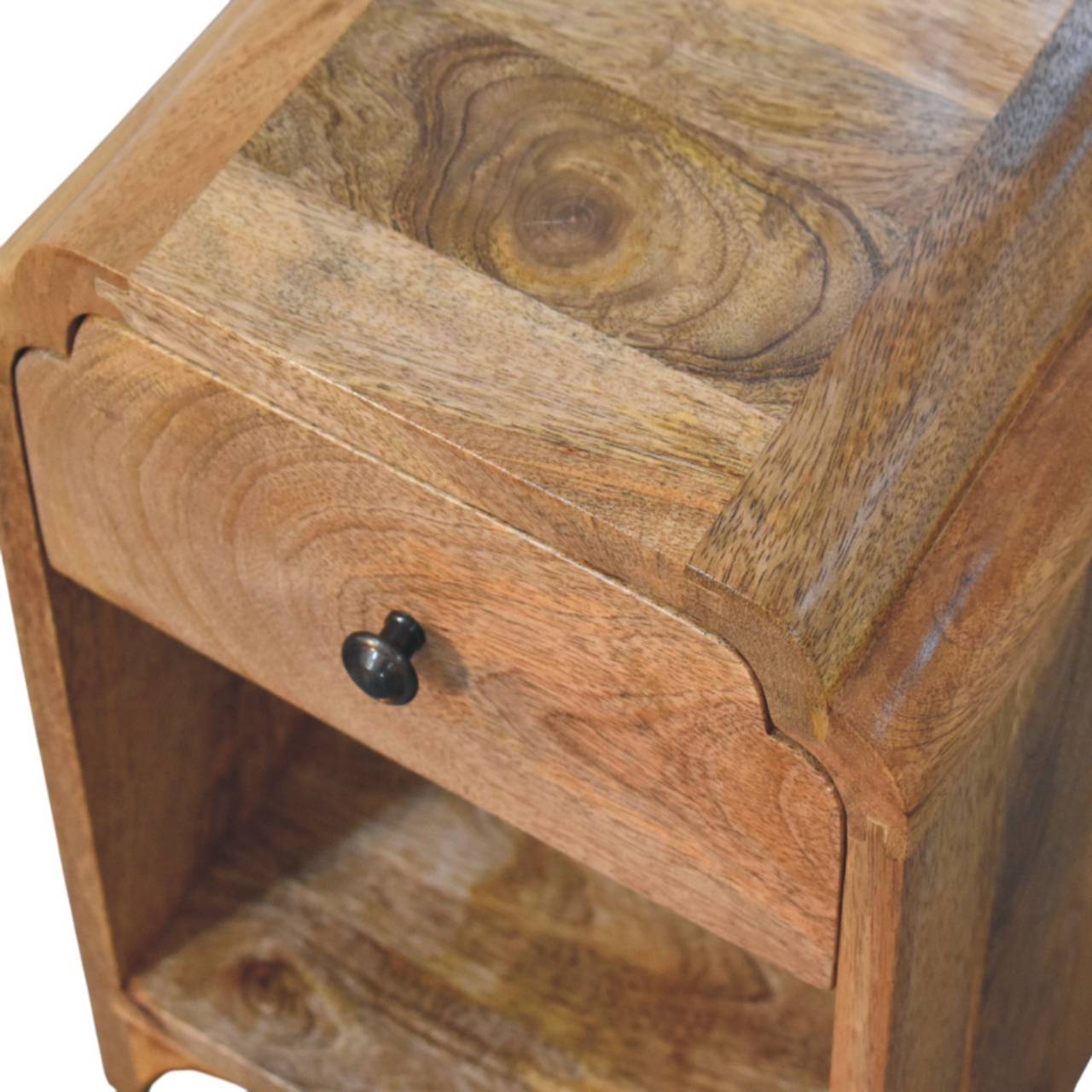 Newton Mini Oak-ish Nightstand - Solid Mango Wood Bedside Table for Bedroom - product view 5 showing handcrafted solid...