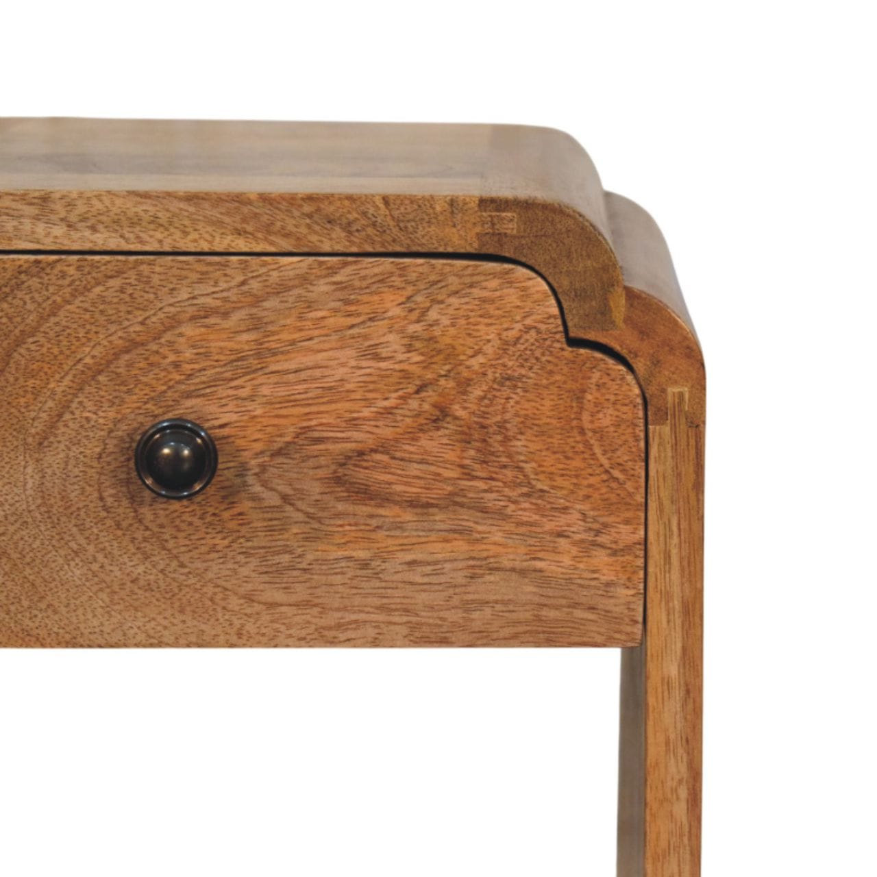 Newton Mini Oak-ish Nightstand - Solid Mango Wood Bedside Table for Bedroom - product view 4 showing handcrafted solid...