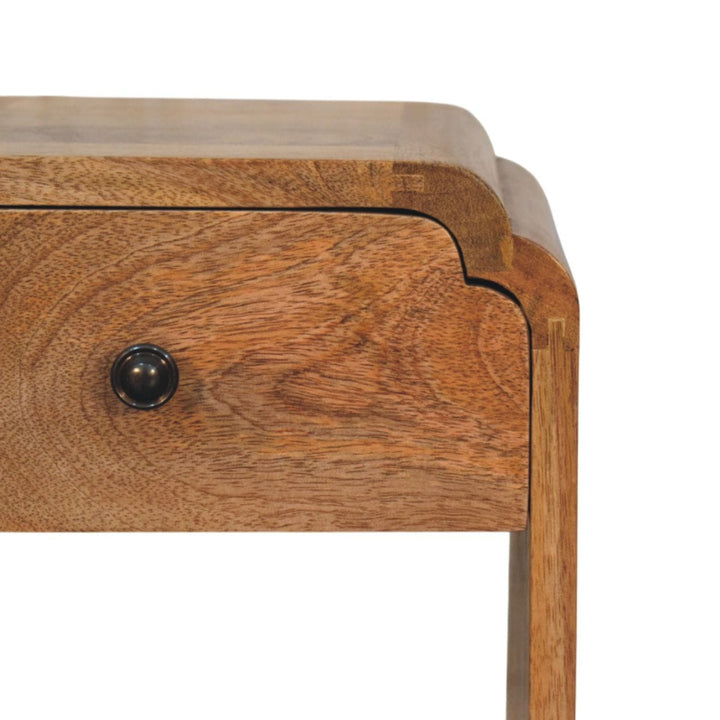 Newton Mini Oak-ish Nightstand - Solid Mango Wood Bedside Table for Bedroom - product view 4 showing handcrafted solid...