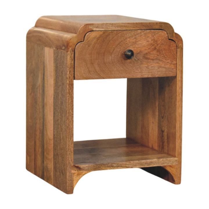 Newton Mini Oak-ish Nightstand - Solid Mango Wood Bedside Table for Bedroom - product view 3 showing handcrafted solid...