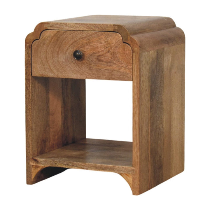 Newton Mini Oak-ish Nightstand - Solid Mango Wood Bedside Table for Bedroom - product view 2 showing handcrafted solid...