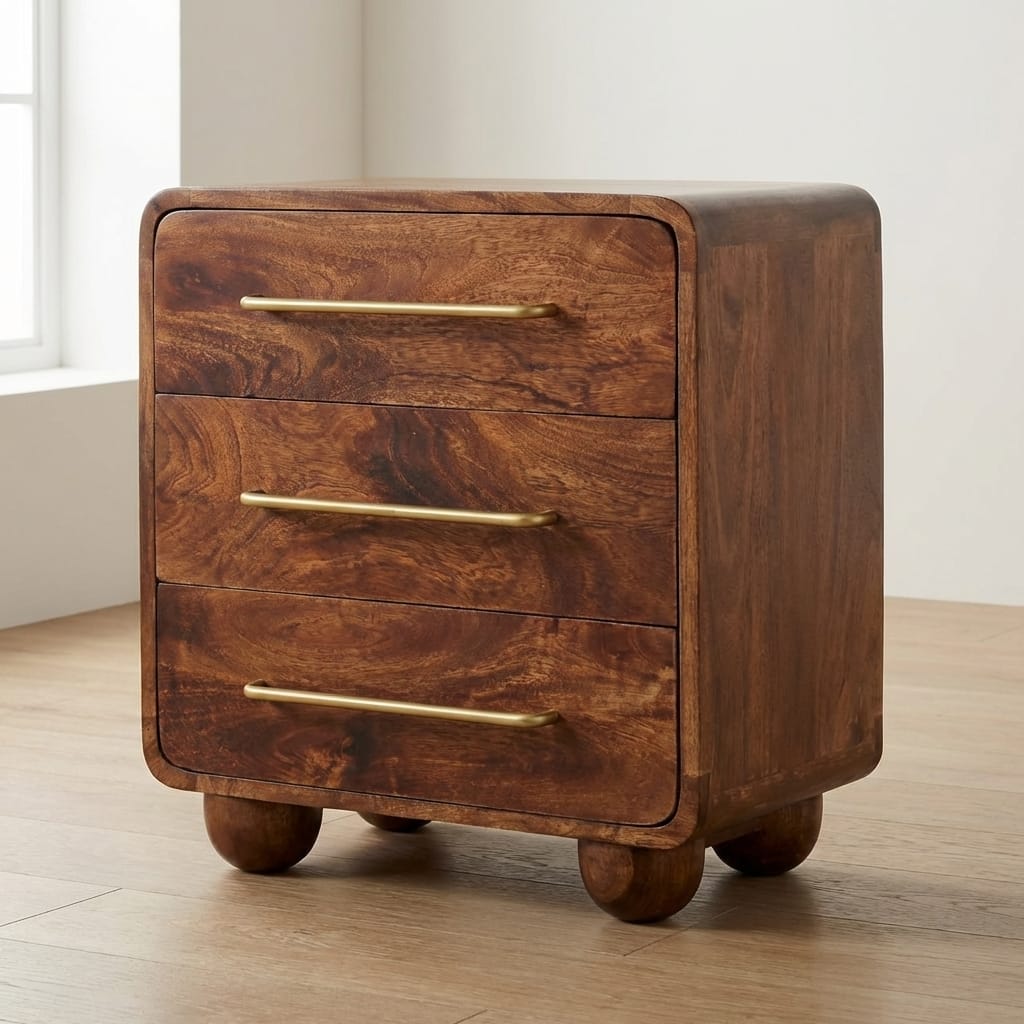 3-drawer mango wood nightstand with gold handles in a winewood oak finish, adding stylish storage to any bedroom.